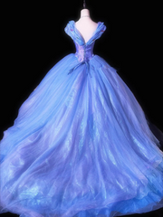 Blue V-neck fitted waist slim-fitting ball gown with a full skirt R8703