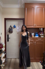 Dark gray halter-neck fitted long ball gown with slits for a sexy look R7597