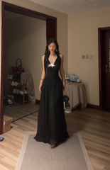 Black Halter Neck Waist-Cinched Fitted Floor-Length Prom Dress R7120