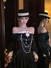 Black off-the-shoulder sexy fitted long ball gown R7081