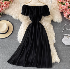Bali resort beach slim long skirt sexy off-shoulder one-shoulder ruffled chiffon dress R0326