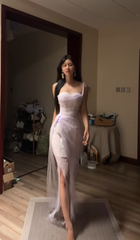 Light purple halter-neck fitted waist slit skirt ball gown R7600