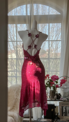 Rose pink halter-neck rhinestone fitted waist slim back mid-length ball gown R7677