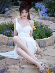White halter-neck fitted bodycon sexy ball gown R7082