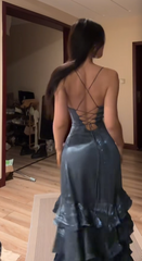 Gray Spaghetti Strap Waist-Cinched Fitted Tiered Ruffle Hem High-Slit Sexy Prom Dress R7122