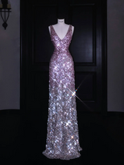 Purple gradient sequined waist slim long skirt, prom dress R5687