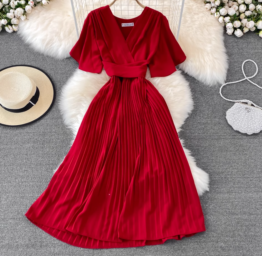 2025 new V-neck short-sleeved dress slim fit temperament waist tie big swing pleated long skirt R0345