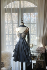 Gray-blue halter-neck, fitted waist, sexy midi-length prom dress R7719