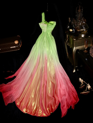 Light green to pink gradient one-shoulder fitted waist long ball gown R7003