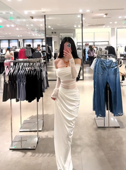 White off-the-shoulder fitted waist slimming hip-hugging sexy long ball gown R7910