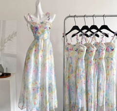 Beautiful suspender dress French holiday style blurred floral long skirt R2041