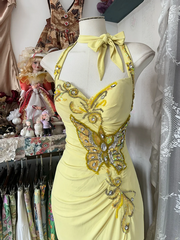 Yellow halter-neck fitted mermaid skirt ball gown R6368