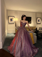 Purple sequined strapless dress with a fitted waist and a full skirt, a ball gown R6408