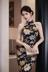 Black and gold floral print sleeveless long ball gown with a fitted waist R7527