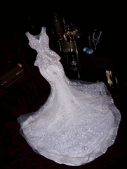White tank top with beaded lace-up fitted long ball gown R6887