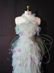 Light green halter neck fitted waist sexy long ball gown R8944