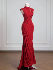 Red Chinese-style collared sleeveless fitted waist long ball gown R8228