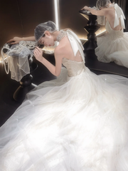 White lace elegant halter neck slim waist long dress bridal gown R6049