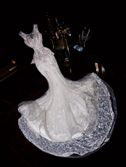 White tank top with beaded lace-up fitted long ball gown R6887