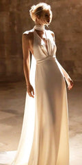 Simple Sexy Halter V-Neck Open Back With Train Long Wedding Dress      S6937