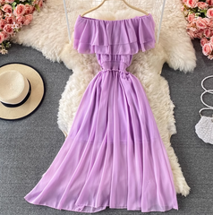 Bali resort beach slim long skirt sexy off-shoulder one-shoulder ruffled chiffon dress R0326
