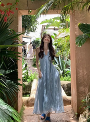 French holiday style light blue plaid halter neck suspender dress forest style beautiful long skirt R0222