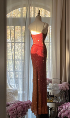 Orange-red halter-neck fitted waist bodycon sexy long ball gown R7720