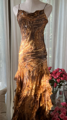 Brown and gold halter-neck fitted tiered skirt sexy long ball gown R7792