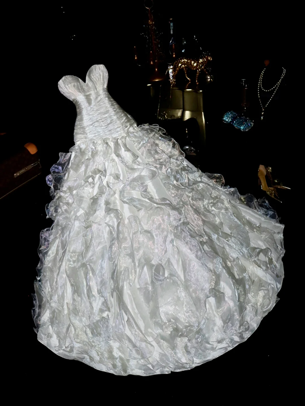 White strapless, fitted waist, pleated, elegant long ball gown R6924