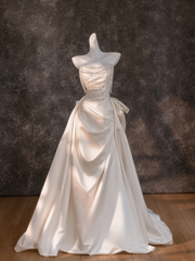 White Strapless Beaded Waist Satin Pleated Maxi Bridal Dress R5741