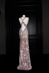 Pink sequined suspenders deep V sexy waist slim long skirt, prom dress R5690