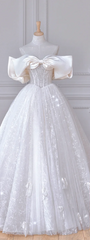 White Off-the-Shoulder Fitted-Waist Slim-Fit Puffy Hem Elegant Bridal Gown R5925