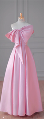 Pink Off-the-Shoulder Bow-Accented Neckline Fitted-Waist A-Line Long Prom Gown / Bridal Gown R5926