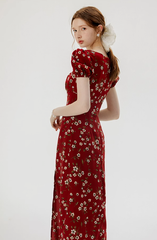 French floral dress red dress summer petite red dress long skirt female high-end wear R3492