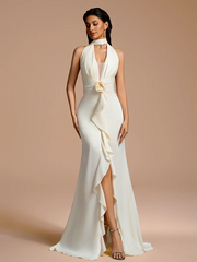 White halter-neck V-neck fitted long ball gown R8885
