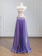 Purple floral strapless cinched waist long ball gown with pleated skirt R8249