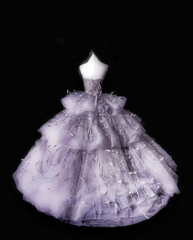 Silver-gray strapless, fitted waist, full skirt, long ball gown R8676