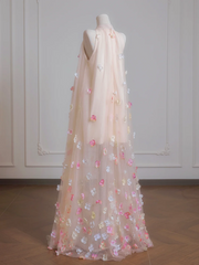 Pink sleeveless 3D floral straight long ball gown R8229