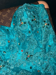 Lake blue strapless fitted waist slim-fitting tassel skirt fairy ball gown R6928