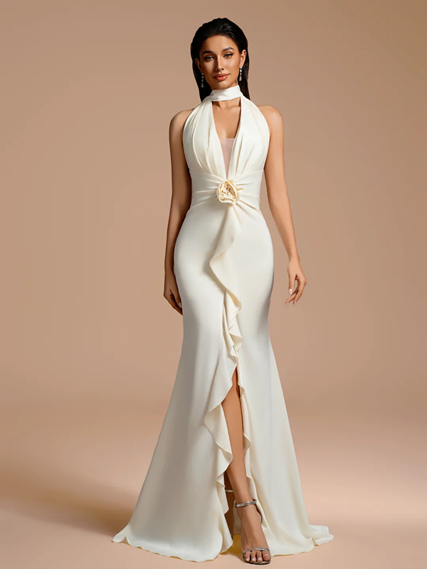 White halter-neck V-neck fitted long ball gown R8885
