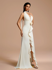 White halter-neck V-neck fitted long ball gown R8885