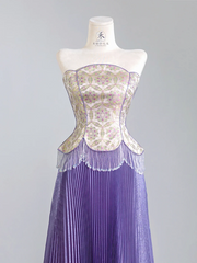 Purple floral strapless cinched waist long ball gown with pleated skirt R8249