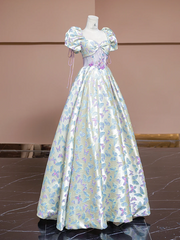 Off-white base with light purple butterfly print, fitted waist, long ball gown with a full skirt R8337
