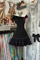 Black off-the-shoulder, fitted waist, sexy A-line short ball gown R7488