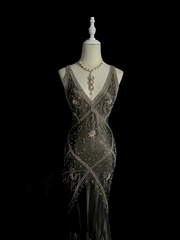 Black halter-neck beaded fitted long ball gown R6649