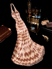 Pinkish-brown halter neck fitted waist long ball gown R6888