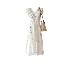 New style polka dot design V-neck long skirt with slim waist and ballet style heavy embroidery dress R0076