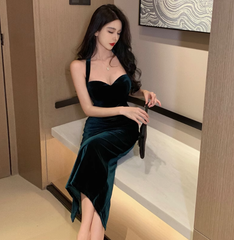 Velvet sling halter dress retro V-neck slim hip holiday backless dress long skirt R1553