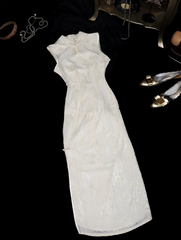 Apricot white sleeveless fitted waist slim-fit midi ball gown with classic elegance R6849