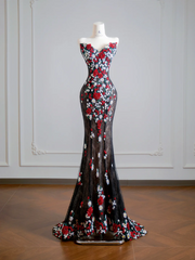 Black 3D floral long ball gown with a fitted waist and hips R8143